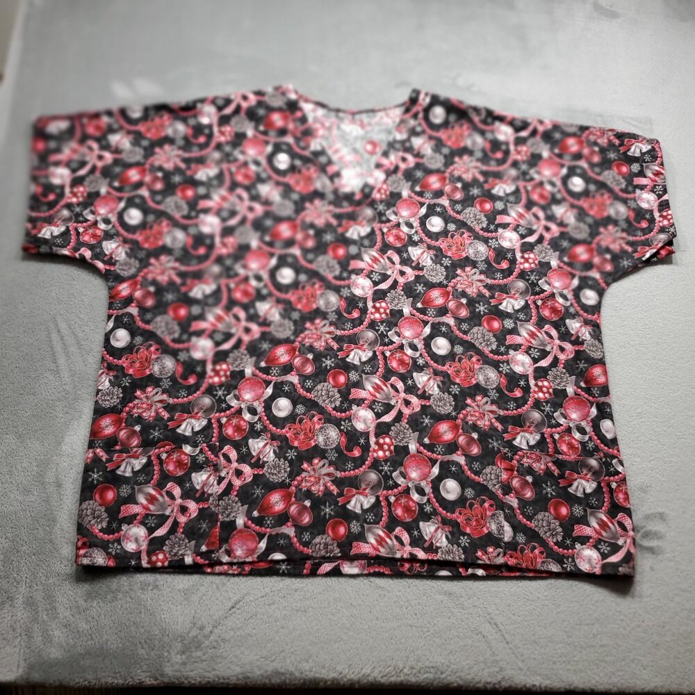 Handmade Vneck Scrub Top Christmas Decoration Theme Red White Silver Black Sz L